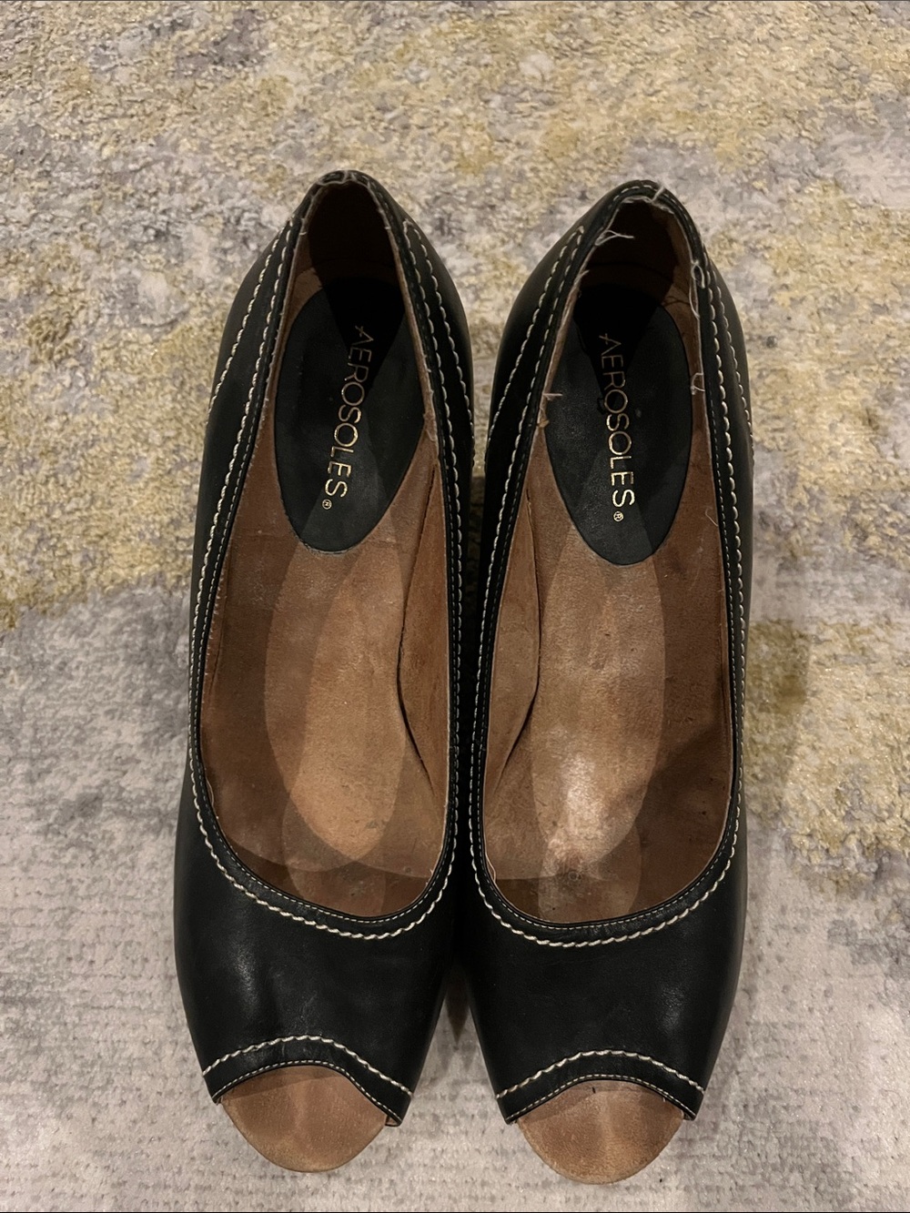 AEROSOLES Black Leather Peep-Toe Wedges
